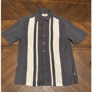 Island Shores Mens Large Grey Cream Striped Bowling Camp Shirt Rayon Blend L